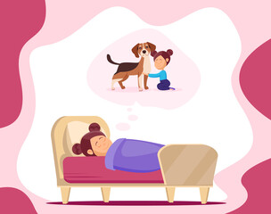 Childhood dream. A little girl in a dream dreams of a dog. Vector illustration