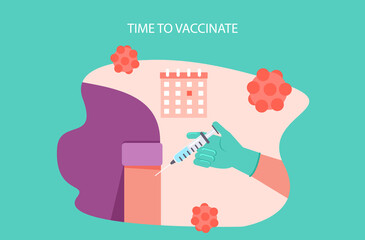 Doctor hand with syringe making vaccination of patient. Healthcare, hospital and medical diagnostics. Vector illustration in flat style