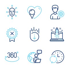 Business icons set. Included icon as Start business, Full rotation, Update time signs. Face biometrics, Scroll down, Reject medal symbols. Support, Ice cream line icons. Line icons set. Vector