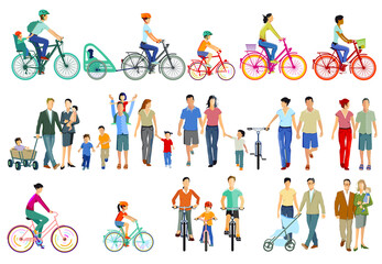 Familien, Radfahrer und Fußgänger Illustration