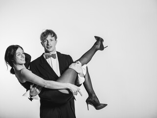 one caucasian couple woman man dancing dancers salsa rock in silhouette studio