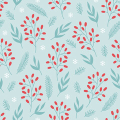 Christmas seamless pattern with berries, snowflakes, leaves, fir branches