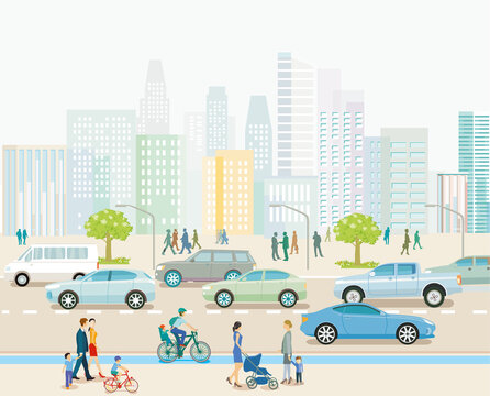 Stadt mit Straßenverkehr, Wohnhäuser und Fußgänger auf den Bürgersteig, Illustration