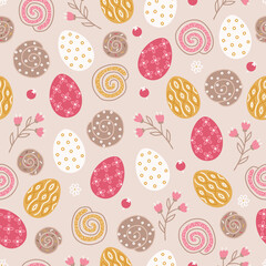Easter seamless pattern with flowers, berries, cinnamon roll. Scandinavian style