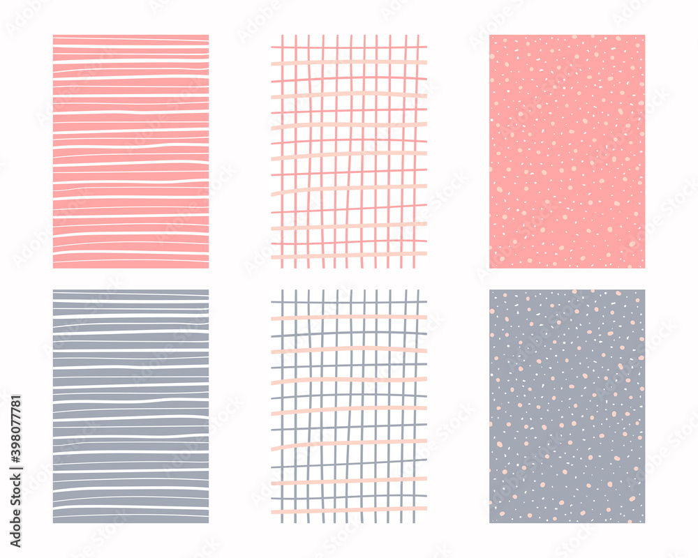 Poster modern hand drawn set of geometric patterns in pastel colors. horizontal and vertical stripes and gr