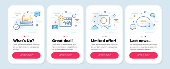 Set of Education icons, such as Typewriter, Quick tips, Recovery data symbols. Mobile screen mockup banners. Chat line icons. Writer machine, Helpful tricks, Backup info. Speech bubble. Vector