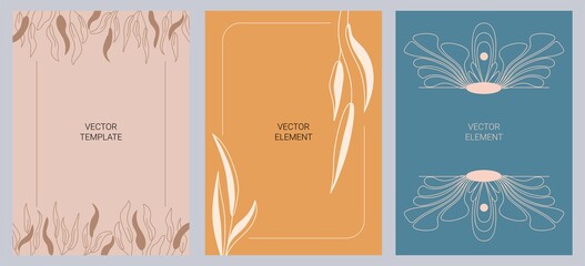 A set of creative templates in a minimal modern style with copy space for your text. Frames with leaves, flowers, geometric and natural elements for writing, postcards, cover design.