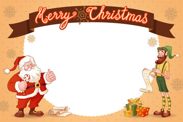 Christmas poster for congratulations or invitation with cartoon Santa and Elf characters in vintage colors.