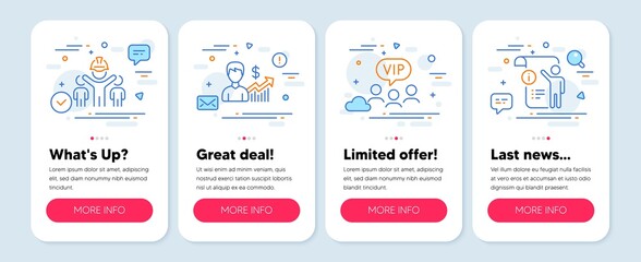Set of People icons, such as Business growth, Engineering team, Vip clients symbols. Mobile app mockup banners. Manual doc line icons. Earnings results, Engineer person, Exclusive privilege. Vector