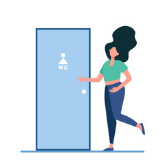 Woman waiting her turn at WC door. Lavatory, public convenience, toilet room flat vector illustration. Public place, hygiene concept for banner, website design or landing web page