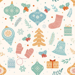 Christmas and happy new year seamless patterns. Retro fashion style.