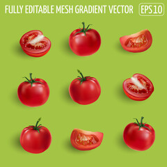 Set of ripe tomatoes on a green background.