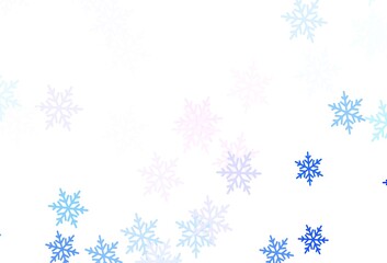 Light Pink, Blue vector background with beautiful snowflakes, stars.