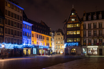 Fototapeta na wymiar Evening street in Strassbourg, France, Christmas decoration and lights