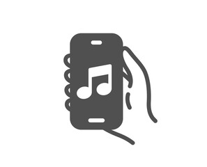 Music app icon. Hand hold phone sign. Cellphone with screen notification symbol. Quality design element. Flat style music app icon. Editable stroke. Vector