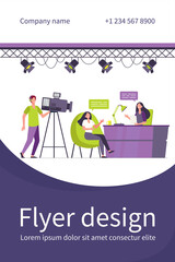 Videographers shooting interview in TV studio. News host talking to TV show guest. Flat vector illustration for camera crew, broadcasting, television concept