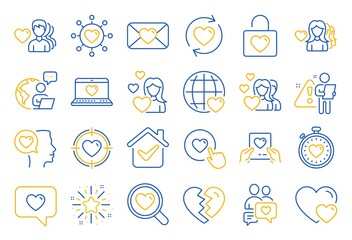 Love line icons. Couple, Romantic and Heart icons. Valentines day love symbols. Divorce or Break up heart, romantic couple. Laptop, timer, communication. Target, valentines day holiday. Vector