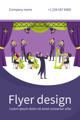 Conductor and musicians standing on theater stage flat vector illustration. Cartoon people playing violin, cello and harp. Symphony orchestra and classical music concert concept