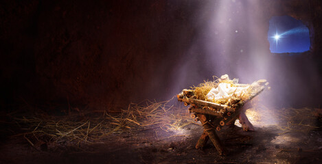 Waiting For The Messiah - Empty Manger With Comet Star Coming
 - obrazy, fototapety, plakaty