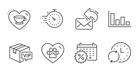 Vip parcel, Update time and Calendar discounts line icons set. Share mail, Timer and Histogram signs. Love coffee, Pets care symbols. Exclusive delivery, Refresh clock, Shopping. Vector