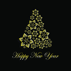 Fototapeta na wymiar 2021 greeting card. Golden Christmas tree made of snowflakes on a black background with the wish 