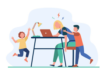 Tired mom working at laptop at home. Active kids bothering freelance mother flat vector illustration. Motherhood, lockdown, distance work concept for banner, website design or landing web page