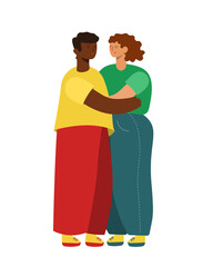 two modern people are hugging. Black man and white woman. friends or couple in love