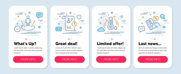 Set of line icons, such as Fever temperature, Report, Augmented reality symbols. Mobile screen mockup banners. Credit card line icons. Thermometer, Work statistics, Virtual reality. Vector