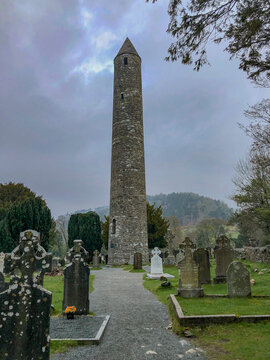 Ancient Tower In Cementery In Ireland