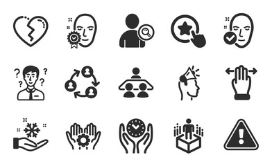 Health skin, Face verified and Loyalty star icons simple set. Freezing, Find user and Teamwork signs. Augmented reality, Support consultant and Interview job symbols. Flat icons set. Vector