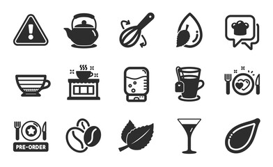 Water cooler, Water drop and Coffee beans icons simple set. Cooking hat, Cappuccino and Pre-order food signs. Cooking whisk, Mint leaves and Pumpkin seed symbols. Flat icons set. Vector