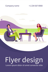 Couple drinking tea in cafe on nature. Lake, cup, rest flat vector illustration. Vacation and leisure concept for banner, website design or landing web page