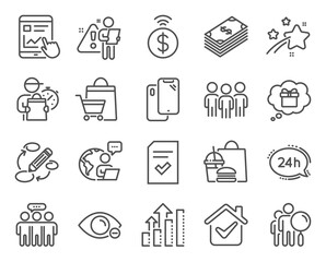 Line icons set. Included icon as Smartphone, Checked file, Gift dream signs. Dollar, Myopia, Contactless payment symbols. Group, 24h service, Analysis graph. Search people, Internet report. Vector