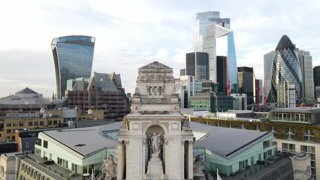 Stunning Trinity Square Gardens Aerial view  London uk, with the skyline in the background, taken in Autumn 2020