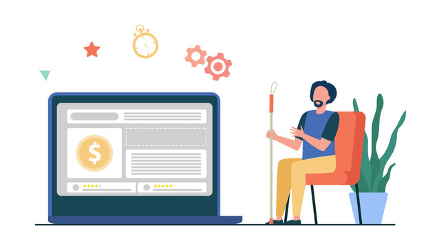 Man watching currency rate on computer monitor. Money prize, online store sale flat vector illustration. Finance, investment, profit concept for banner, website design or landing web page
