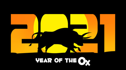 2021 Year Of The Ox Numbers With Bull Black Silhouette. Vector Illustration Isolated On Transparent Background
