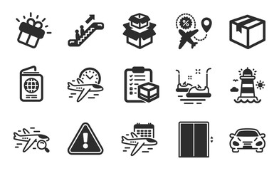 Packing boxes, Lighthouse and Flight sale icons simple set. Search flight, Parcel and Parcel checklist signs. Escalator, Lift and Car symbols. Gift, Passport and Bumper cars. Flat icons set. Vector
