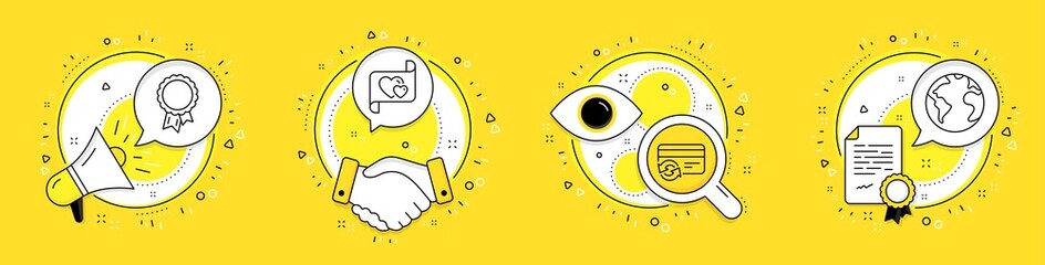 Change card, Success and Love letter line icons set. Megaphone, licence and deal vector icons. World planet sign. Payment method, Award reward, Heart. Internet business. Business set. Vector