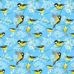 Seamless vector pattern with titmouse and blooming plants. Birds and white flowers on blue background  for textile decoration, packaging