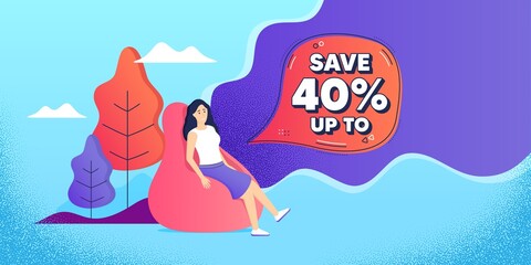 Save up to 40 percent. Woman relaxing in bean bag. Discount Sale offer price sign. Special offer symbol. Freelance employee sitting in beanbag. Discount chat bubble. Vector