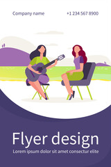 Female friends relaxing by lake. Women playing guitar and singing outdoors flat vector illustration. Outdoor activity, recreation, leisure concept for banner, website design or landing web page