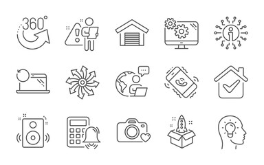 Call center, Info and Speakers line icons set. Startup, Versatile and Settings signs. Parking garage, Recovery laptop and Idea head symbols. 360 degrees, Calculator alarm and Photo camera. Vector