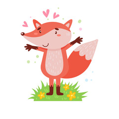 A cute fox stands on a green lawn.