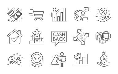 Payment, Graph chart and Bitcoin mining line icons set. World money, Growth chart and Income money signs. Delivery shopping, Loan percent and Vip podium symbols. Vip award, Payment exchange. Vector