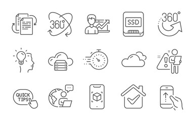 Full rotation, Bureaucracy and Timer line icons set. 360 degrees, Ssd and Quick tips signs. Swipe up, Idea and Success business symbols. Cloud server, Cloudy weather and Augmented reality. Vector