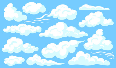White clouds set. Blue cloudy sly, different shapes of soft clouds, heaven. Vector illustrations for atmosphere, weather, meteorology concept