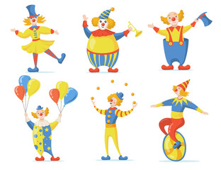 Cute clowns set. Circus and carnival performers dancing, juggling, riding monocycle. Vector illustrations for entertainment, fun, holiday concept