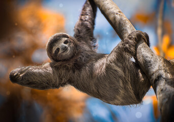 Fototapeta premium A happy sloth hanging from a tree