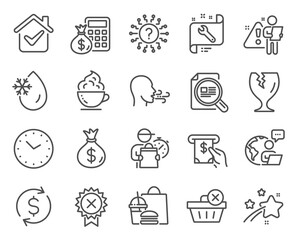 Business icons set. Included icon as Fragile package, Delete purchase, Reject medal signs. Time, Finance calculator, Coffee cup symbols. Check article, Breathing exercise, Spanner. Vector