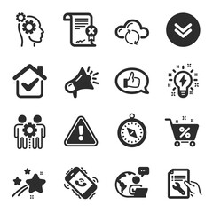 Set of Technology icons, such as Cloud sync, Feedback, Reject certificate symbols. Inspiration, Scroll down, Employees teamwork signs. Loan percent, Travel compass, Thoughts. Megaphone. Vector